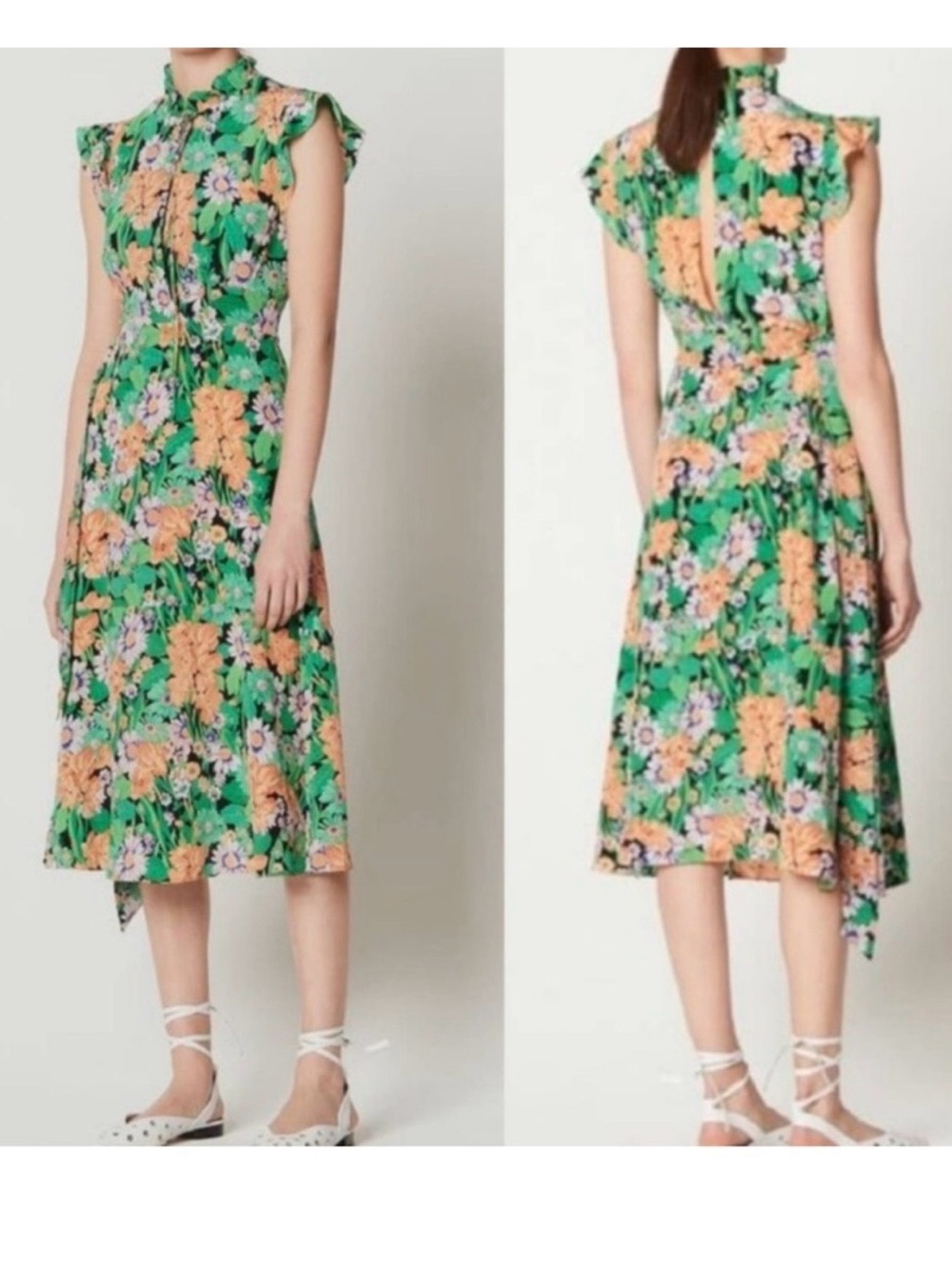 Sandro Green Floral Tie-Neck Midi Dress with Peach Blooms